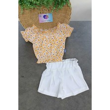 Dinamik çocuk Kız Çocuk Yazlık Interlok Fitilli Kumaş Çiçek Baskılı Keten Şortlu Alt Üst 2li Takım Ince