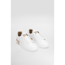 Kadın Metalik Taban Detaylı Deri Sneakers - Beyaz/altın