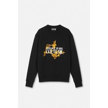 Versace Erkek Regular Fit Barok Desenli Yazı Logolu Bisiklet Yaka Sweatshirt - Siyah/altın Sarısı