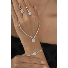 Gümüş Pazarım Pırlanta Montür Sıralı Tek Taş Rodyum Kaplama Baget Gümüş Düğün Seti