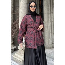 Julude Kuşaklı Etnik Desen Kapitoneli Tesettür Ceket P-00018948