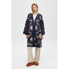 Peraluna Makoya Desenli Kadın Triko Kimono - Indigo Multi