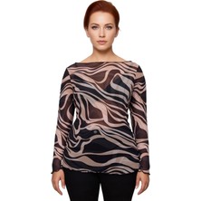 Ersefa Kadın Büyük Beden Kayık Yaka Desenli Tül Örme Bluz Uzun Kol Kaliteli Şık Rahat Modern Zarif