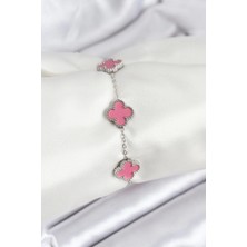 Gnay Bfs 316L Çelik Gümüş Zincir Pembe Renk Yonca Bileklik