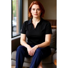 FRM Moda Büyük Beden Polo Yaka Örme Regular Düz Desen Casual Günlük Crop Kısa Kol Bluz