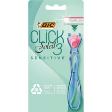 Soleil Click Sensitive 1 Gövde & 2 Başlık Kadın Tıraş Bıçağı (3 Bıçak), Oynar Başlıklı, Aloe Vera ile Zenginleştirilmiş Kayganlaştırıcı Jel Şerit