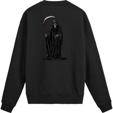 Colermi Sırt Baskılı Death Metal Kara Pelerinli Iskelet Sweatshirt
