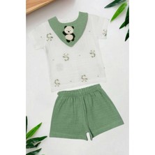 Dinamik çocuk Panda Yaka Nakışlı Raporlu Müslin 2li Takım Unisex Kız Erkek Bebek Yazlık Alt Üst Aylık