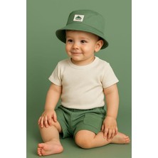 Dinamik çocuk Oversize Safari Şapkalı Cep Detaylı Omuzdan Çıtçıtlı Waffle Tshirt Yazlık Erkek Bebek Takım Aylık