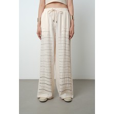 Orfeonegro Kadın Yatay Şerit Taş Işlemeli Düz Renk Beli Lastikli Bol Paça Pantolon