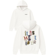 Vsrn It Is What It Is Tasarım Baskılı Oversize Beyaz Kapüşonlu Sweatshirt