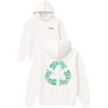 Vsrn Geri Dönüşüm Tasarım Baskılı Oversize Beyaz Kapüşonlu Sweatshirt