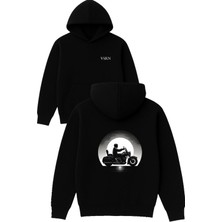 Vsrn Çizgili Motorcu Tasarım Baskılı Oversize Siyah Kapüşonlu Sweatshirt