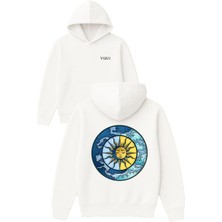 Vsrn Ay ve Güneş Tasarım Baskılı Oversize Beyaz Kapüşonlu Sweatshirt