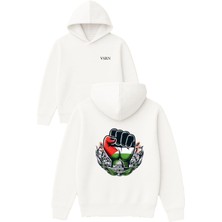 Vsrn Özgür Filistin Tasarım Baskılı Oversize Beyaz Kapüşonlu Sweatshirt
