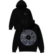 Vsrn Dağ Kuşları Tasarım Baskılı Oversize Siyah Kapüşonlu Sweatshirt