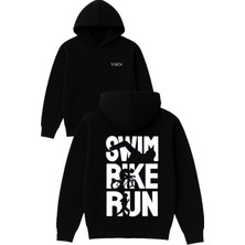 Vsrn Swım Bike Run Tasarım Baskılı Oversize Siyah Kapüşonlu Sweatshirt