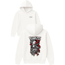 Vsrn Fearless Skate Board Tasarım Baskılı Oversize Beyaz Kapüşonlu Sweatshirt