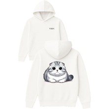 Vsrn British Kedi Cat Tasarım Baskılı Oversize Beyaz Kapüşonlu Sweatshirt