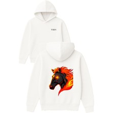 Vsrn Ateş Yeleli At Tasarım Baskılı Oversize Beyaz Kapüşonlu Sweatshirt