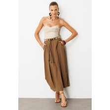 Accort Kemer Detaylı Keten Görünümlü Etek-Kahve