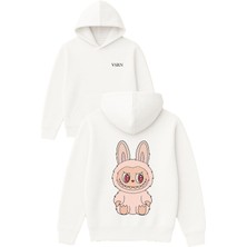 Vsrn Labubu Krem Tasarım Baskılı Oversize Beyaz Kapüşonlu Sweatshirt