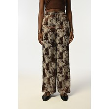 Orfeonegro Kadın Beli Lastikli Bol Paça Karışık Desenli Kahverengi Pantolon