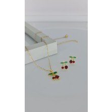 Sones Aksesuar Kiraz Gold Kolye Küpe Çelik Takı Seti