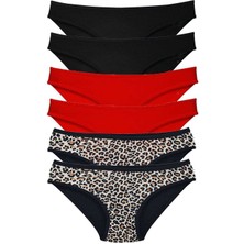 MELENERS 6 Adet Özel Set Likralı Yumuşak Dokulu Kadın Slip Külot Leopar Siyah Kırmızı