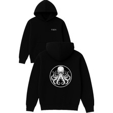 Vsrn Ahtapot 8 Kollu Tasarım Baskılı Oversize Siyah Kapüşonlu Sweatshirt
