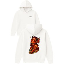 Vsrn Seytan Kadın Tasarım Baskılı Oversize Beyaz Kapüşonlu Sweatshirt