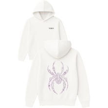 Vsrn Spider Shine Tasarım Baskılı Oversize Beyaz Kapüşonlu Sweatshirt
