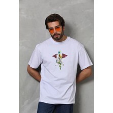 Moda Unisex Bisiklet Yaka Baskılı Oversize T-Shirt - Beyaz
