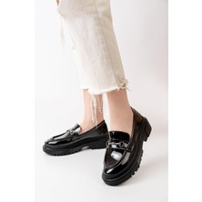 Asmi Shoes Kadın Siyah Rugan Loafer Ayakkabı Düz Taban İnce Tokalı Suni Deri