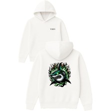 Vsrn Yeşil Alevli Köpekbalığı Tasarım Baskılı Oversize Beyaz Kapüşonlu Sweatshirt