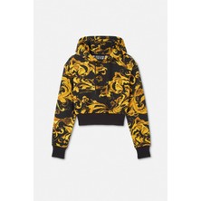 Versace Kadın Crop Fit Barok Desenli Kapüşonlu Sweatshirt - Siyah/gold