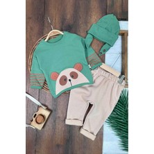 Dinamik çocuk Ayıcık Baskılı Mevsimlik Şeritli Kol Detaylı Kulaklı Bere Oversize 3lü Erkek Bebek Takım Aylık