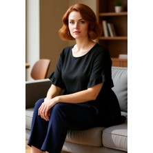 FRM Moda Büyük Beden Bisiklet Yaka Dokuma Oversize Düz Desen Casual Günlük Regular Kısa Kol Bluz