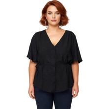 Ersefa Moda Büyük Beden V Yaka Dokuma Regular Düz Desen Casual Günlük Regular Kısa Kol Bluz