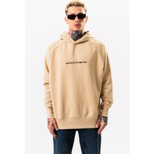 Denim Republic Erkek Bej Sweatshirt Oversize Kapüşonlu Baskılı Yumusaçık Kumaşlı