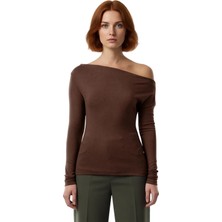 Ersefa Moda Kayık Yaka Örme Slim Çizgili Desen Casual Günlük Regular Uzun Kol Bluz