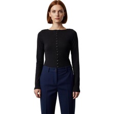 Ersefa Stil Kadın Düğme Detaylı Fitilli Esnek Boy Bluz Regular Örme Fitted Kalıp