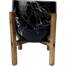 Tasarımı Ev Dekorasyon Aksesuar Siyah Üzeri Beyaz Mermer Efektli Toprak Saksı Saksılık Salon Çiçeklik 4 Ayaklı - 19 cm