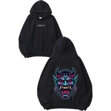 Urbvn Beast Tasarım Baskılı Oversize Siyah Kapüşonlu Sweatshirt