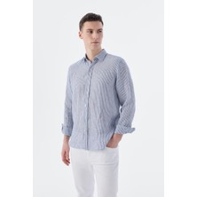 Jakamen Lacivert Comfort Fit Çizgilli %100 Keten Gömlek