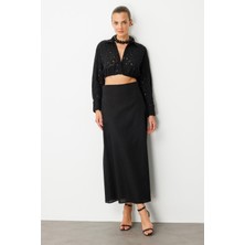 Accort Pamuklu Keten Uzun Etek-Siyah