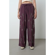 Orfeonegro Kadın Önü Taş Işlemeli Düz Renk Beli Lastikli Bol Paça Pantolon