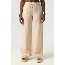 Orfeonegro Kadın Beli Lastikli Bol Paça %100 Keten Beli Detaylı Pantolon