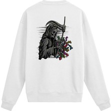 Colermi Sırt Baskılı Death Metal Çiçekli Iskelet Sweatshirt