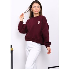 İmaj Butik Mürdüm Bisiklet Yaka Nakışlı Üç İplik Kısa Oversize Sweat
